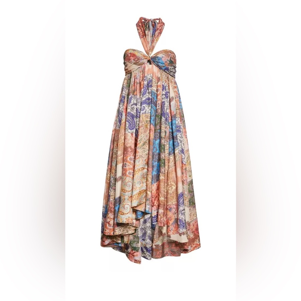 Zimmermann Devi Mixed Print Halter Neck Silk Dress